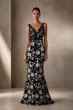 Colors Size O Black Gold Silver Floral Sequin Mermaid Trumpet Evening Gown Dress